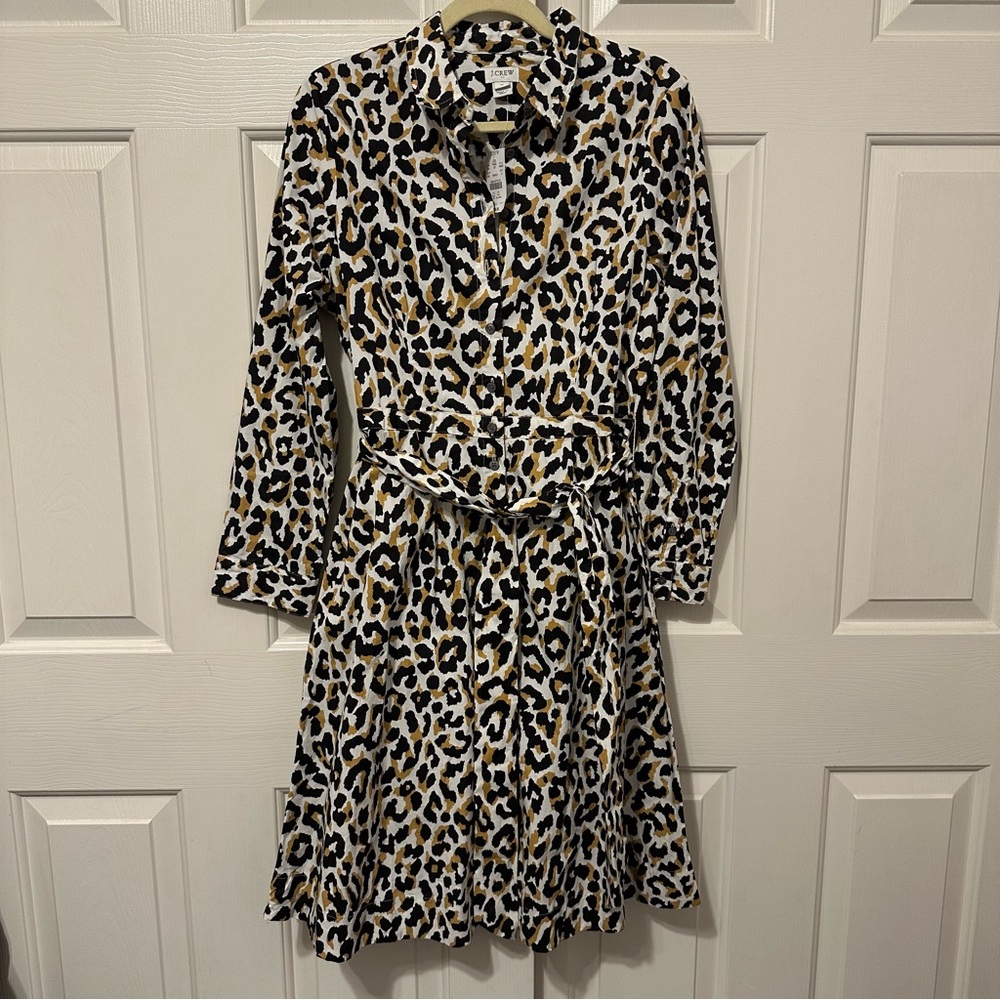 J. Crew Factory Leopard Print Tie-waist Shirtdress Cotton Poplin Womens Size 10